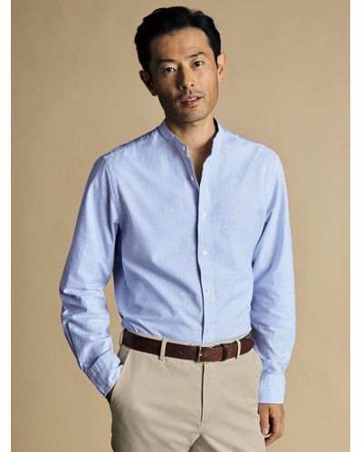 Charles Tyrwhitt Striped Slim Fit Collarless Oxford Shirt - Blue