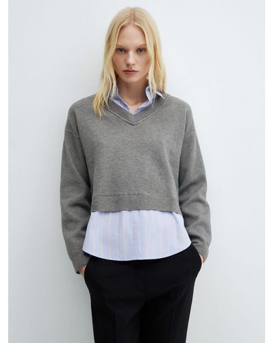 Mango Chiara Stripe Shirt Style Jumper - Grey
