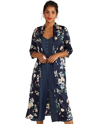 Yumi' Garden Floral Print Longline Kimono Jacket - Blue
