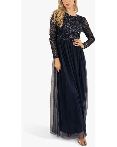 LACE & BEADS Belle Embellished Long Sleeve Mesh Maxi Dress - Blue