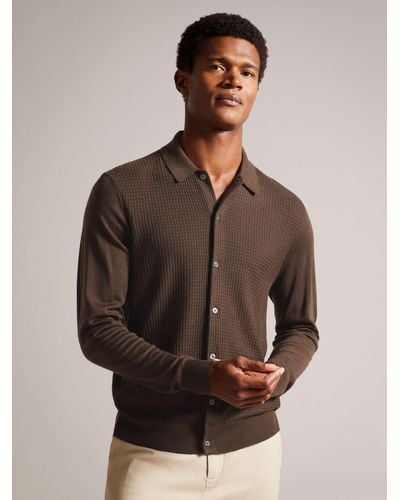 Ted Baker Oidar Long Sleeve Revere Collar Knitted Shirt - Brown
