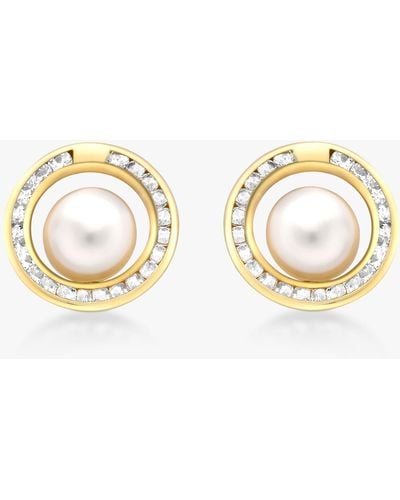 Ib&b 9ct Freshwater Pearl And Cubic Zirconia Round Stud Earrings - Metallic
