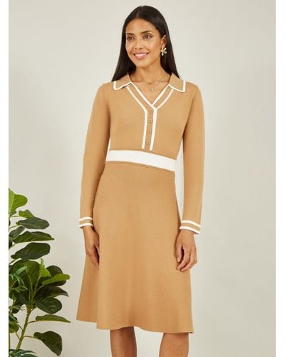 Yumi' Contrast Collar Knitted Dress - Natural