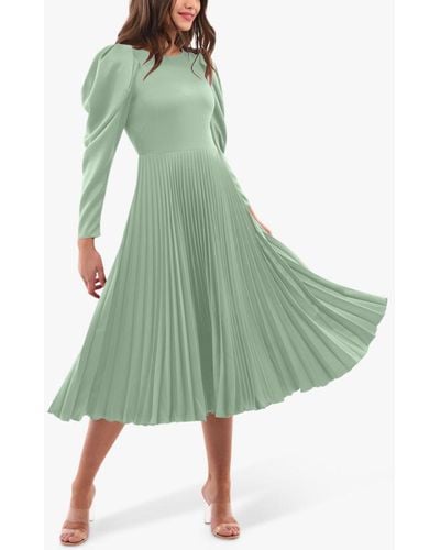 Closet Puff Sleeve Pleated Midi Dress - Green
