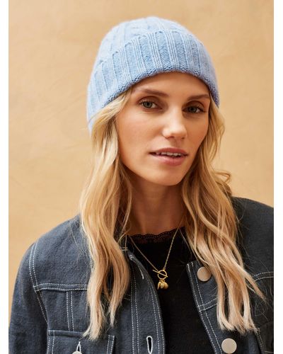 Brora Cashmere Cable Knit Beanie Hat - Blue