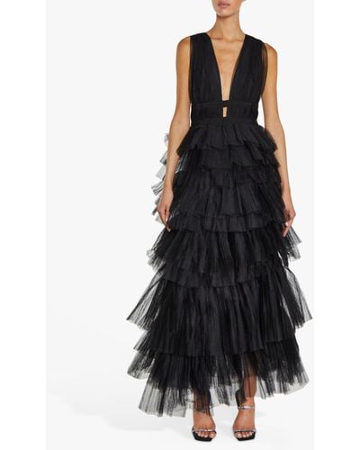 True Decadence Eliza Plunge Neck Layer Tulle Maxi Dress - Black