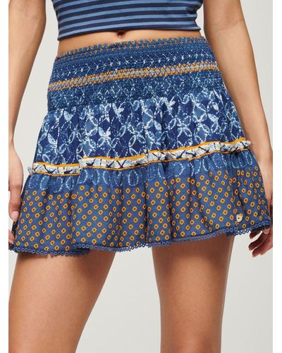Superdry Multi Print Shirred Mini Skirt - Blue