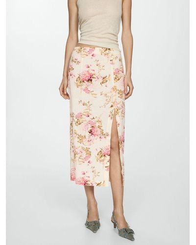 Mango Carla Floral Print Linen Blend Midi Skirt - Natural