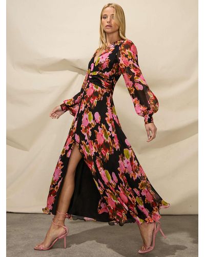Ro&zo Blurred Floral Wrap Midi Dress - Brown