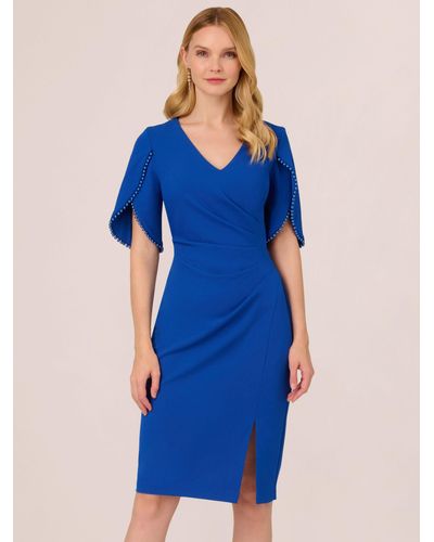Adrianna Papell Knit Crepe Pearl Trim Knee Length Dress - Blue