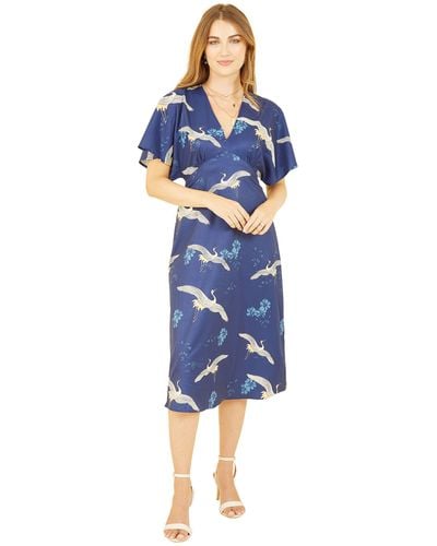 Yumi' Bird Print Kimono Midi Dress - Blue