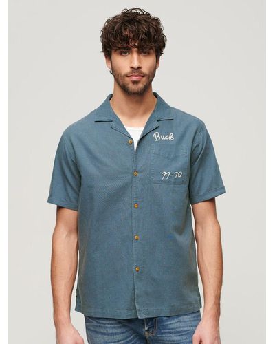Superdry Resort Linen Blend Short Sleeve Shirt - Blue