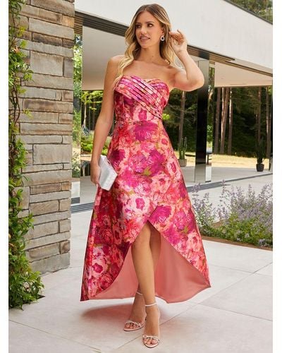 Chi Chi London Bandeau Sweetheart Floral Dip Hem Dress - Pink