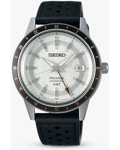 Seiko Ssk011j1 Presage Style 60s Road Trip Gmt Automatic Leather Strap Watch - Black