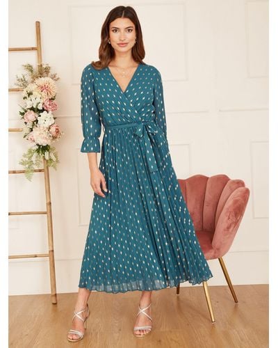 Yumi' Foil Geometric Print Pleated Maxi Dress - Blue