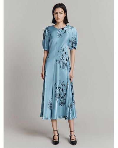 Ghost Paloma Puff Sleeve Floral Midi Dress - Blue