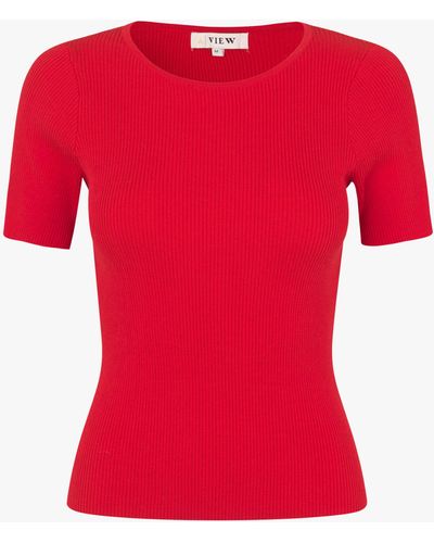 A-View Rib Knit Short Sleeve Top - Red