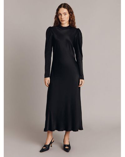 Ghost Harper Puff Sleeve Satin Midi Dress - Black
