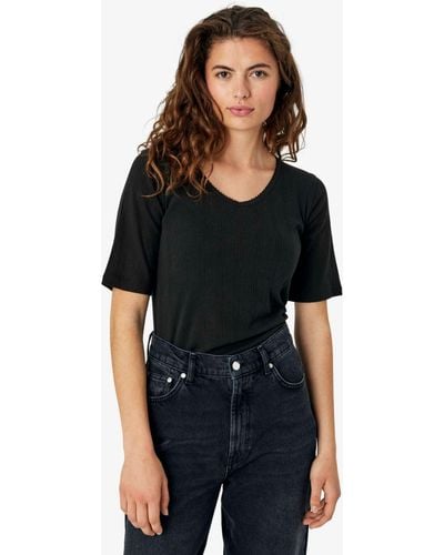 Noa Mindy Pointelle Organic Cotton Elbow Sleeve T-shirt - Black