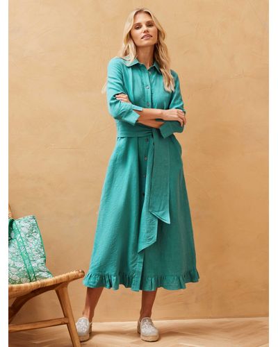 Brora Linen Frill Hem Midi Shirt Dress - Blue