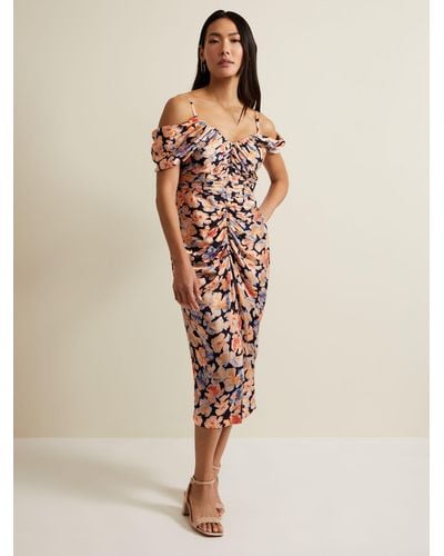 Phase Eight Prudence Floral Print Ruched Midi Dress - Natural