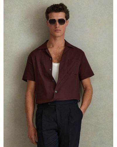 Reiss Nitus Short Sleeve Herringbone Cuban Shirt - Brown