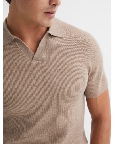 Reiss Mortimer Wool Open Neck Ribbed Polo - Natural