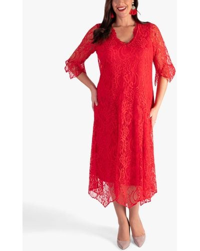 Chesca Lace Scallop V Neck Midi Dress - Red