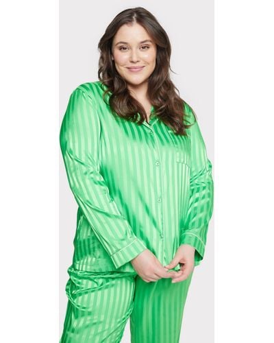 Chelsea Peers Curve Satin Jacquard Stripe Long Pyjama Set - Green