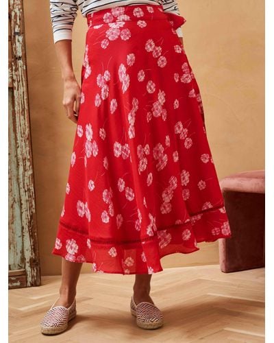 Brora Silk Cotton Blend Graphic Daisy Print Wrap Midi Skirt - Red