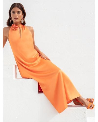 Ro&zo Satin Twist Neck Midi Dress - Orange