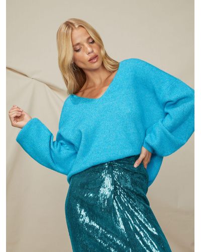 Ro&zo Sequin Twist Front Midi Skirt - Blue