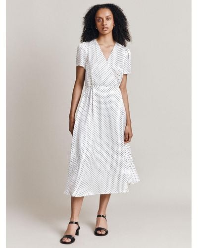 Ghost Hana Spot Print Satin Wrap Midi Dress - White