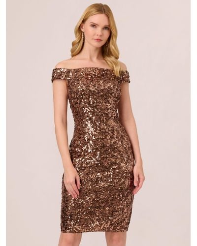 Adrianna Papell Off Shoulder Sequin Dress - Natural