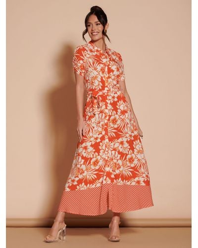 Jolie Moi Elsie Floral Linen Blend Shirt Maxi Dress - Orange