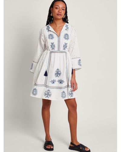 Monsoon Katied Embroidered Kaftan Dress - White