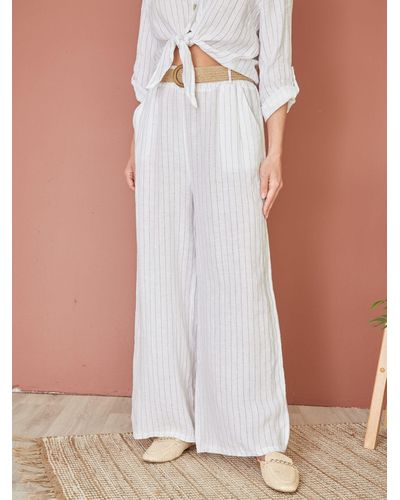 Yumi' Italian Linen Striped Wide Leg Trousers & Belt - White