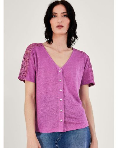 Monsoon Plain Button Through Lace Sleeve Linen Top - Purple