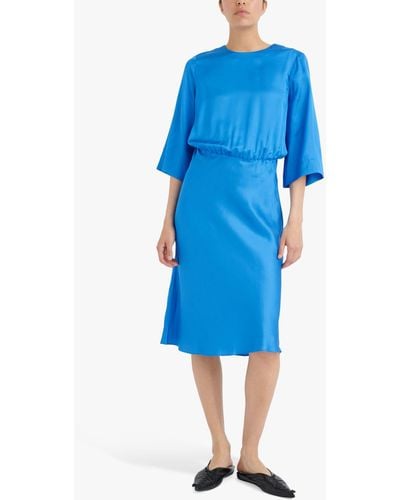 Inwear Kanta Satin Fitted Waist 3/4 Sleeve Knee Length Dress - Blue