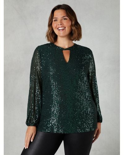 Live Unlimited Curve Sequin Keyhole Front Blouse - Green