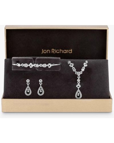 Jon Richard Silver Plated Clear Crystal Floral Jewellery Set - Black