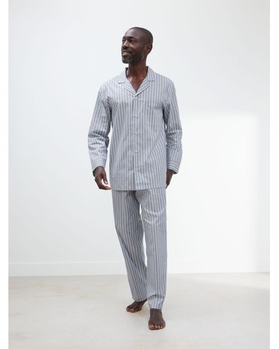 John Lewis Organic Cotton Poplin Stripe Long Sleeve Pyjama Set - Blue