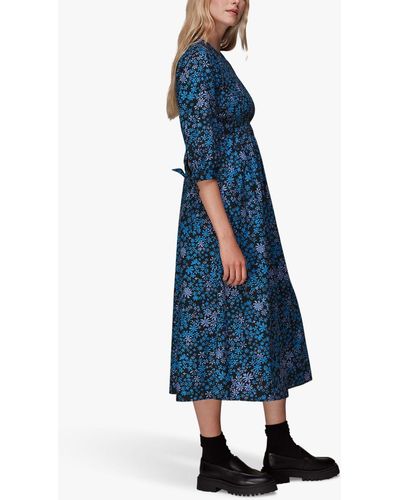 Whistles Boho Floral Print Shirred Midi Dress - Blue