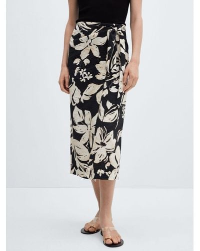 Mango Pareo Floral Wrap Midi Skirt - Black