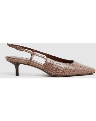 Reiss Jade Croc Effect Leather Kitten Heel Slingback Court Shoes - Brown