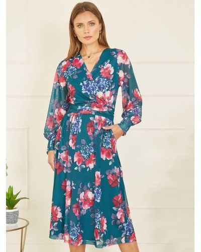 Yumi' Floral Mesh Knee Length Dress - Blue