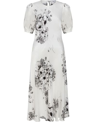 Ghost Paloma Puff Sleeve Floral Midi Dress - White