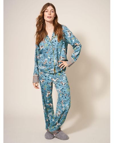 White Stuff Nina Zebra And Star Print Organic Cotton Blend Pyjama Shirt - Blue