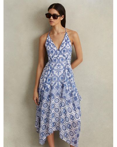 Reiss Tiller Tile Print Halterneck Midi Dress - Blue