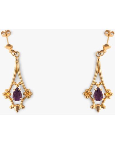 L & T Heirlooms Second Hand 9ct Yellow Gold Amethyst Drop Earrings - White